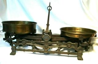 Vintage Scale,  W/ Brass Pans,  Unique,  Complex Linkage,  Antique,  Cast Iron