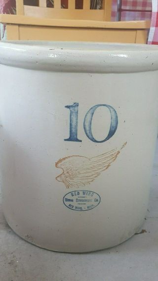 Antique Vintage 10 Gallon Red Wing Stoneware Crock,  6 " Wing Block Numbers 10