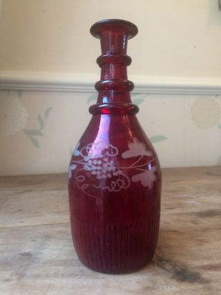 Victorian Georgian 18thc Cranberry Ruby Glass Sauce Oil Wine Bottle Engraved