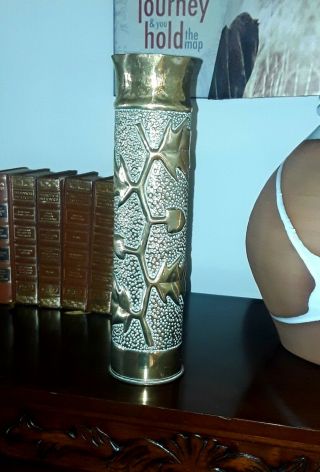 Tall Antique Trench Art Ww1 Brass Shell 75mm Oak And Acorn Branch Vase 1916 13 "