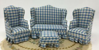 Vintage Dollhouse Miniature Upholstered Wood Sofa Two Chairs & Ottoman Furniture