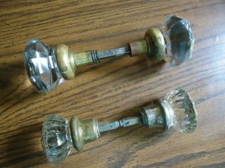 2 Vintage Crystal Glass & Brass Door Knobs & Spindles Antique Hardware
