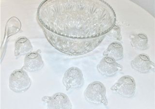 Large Clear Glass Punch Bowl Set With 12 Cups 12 Hooks And Ladle Vintage
