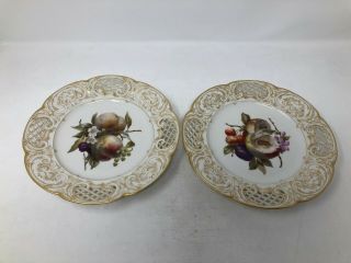 Pair Antique Kpm Hand Painted Fruits Reticulated Cabinet Plates 9 "