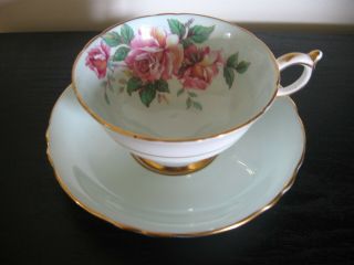 Paragon Green Large Pink Cabbage Rose Tea Cup And Saucer