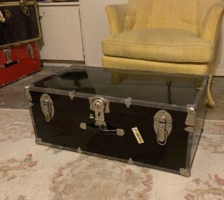 Vintage Antique Steamer Travel Trunk Suitcase,  Key,  Early - Mid 1900s,  Black/metal