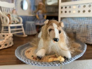 1980s Miniature Dollhouse Artisan Created Collie Dog Collar Chain Food Bowl Bone 3