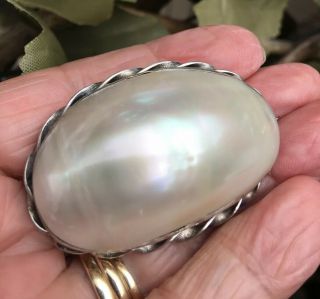 Antique Vintage Sterling Silver & Mother Of Pearl / Blister Pearl Brooch Pin