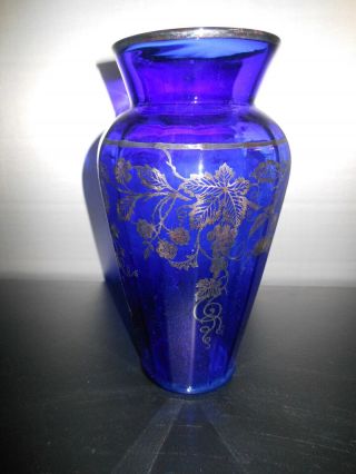 Antique /vintage Sterling Silver Overlay On Cobalt Blue Ribbed Large Vase