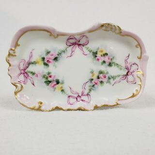 Antique Limoges Flowers Bows Gold Trim Small Trinket Pin Tray Dish 1900 - 1914