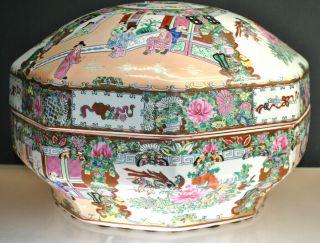 Gorgeous Large Octagon Famille Rose Hand Painted Covered Porcelain Bowl / Tureen