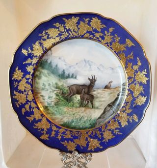 Antique Meissen China Hand Painted Plate - Mountain Goats Cobalt Blue Gold Desig