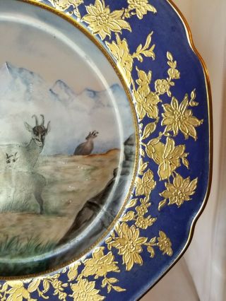Antique Meissen China Hand Painted Plate - Mountain Goats Cobalt Blue Gold Desig 3