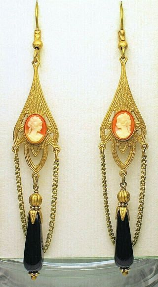Art Nouveau Edwardian Style Antique Brass Lady Cameo Black Onyx Drop Earrings
