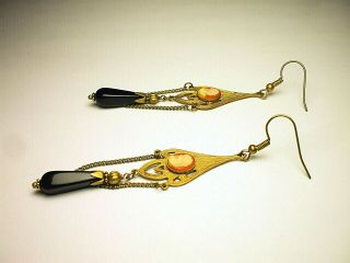 Art Nouveau Edwardian Style Antique Brass Lady Cameo Black Onyx Drop Earrings 2