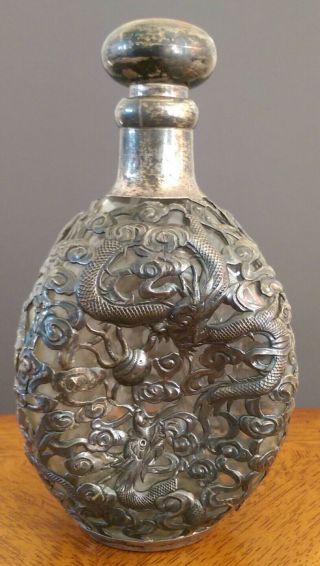 Old Chinese Sterling Silver Dragon Overlay Glass Bottle Decanter