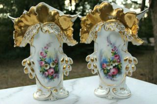 Pair 11 " T Hand Painted 19th Century Old Paris Porcelain Vases Molded Gold Gilt