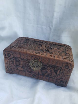 Vintage Hand Carved Detail Wood Trinket Box - Made In Hong Kong