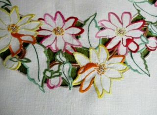 Vintage Tablecloth Hand Embroidered - Colourful Flowers - Linen - 50 " Sq.