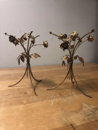 Vtg Italian Gold Gilt Tole Side End Table Bouquet Of Roses