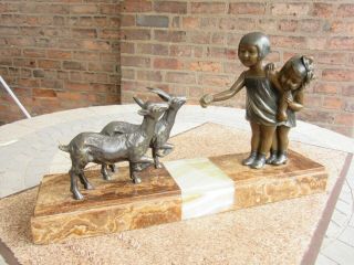 1930s Art Deco Children With Goats,  Spelter,  Signed Scali