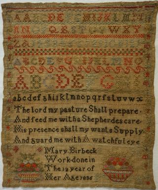 Early 19th Century Verse,  Alphabet & Motif Sampler By Mary Birbeck Age 12 - 1836