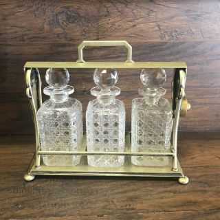 Antique Tantalus Liquor Caddy Carrier - Locking 3 Glass Decanter Set Hallmarked