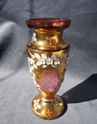 Antique Art Deco Czech Bohemian Ruby Cranberry Red Glass Urn Vase Enamel Flowers