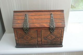 Antique Arts & Crafts Hand Carved Wooden Box Marked 1695 8.  5 " X 6 " X 4.  5 "