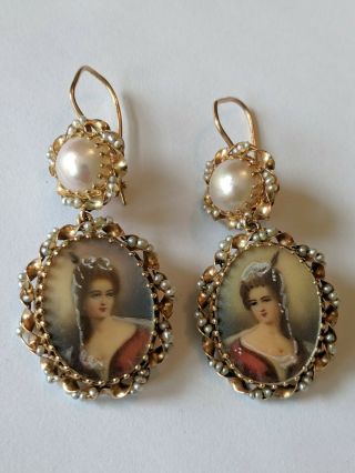 Large Antique 14k Solid Gold Hand Painted Portrait Pearl Dangle Earrings