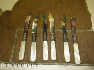 Antique English Plate Mop Mother Of Pearl Handle Fruit Knife Set Knives
