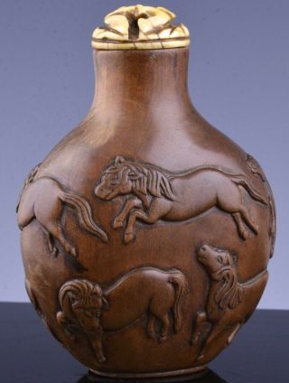 Interesting Antique Chinese Carved Wood 8 Imperial Horses Design Snuff Bottle
