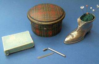Victorian Tartanware Cotton Reel Box,  Silver Plated Boot Pin Cushion,  Pins Etc