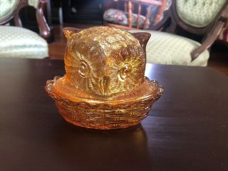 Vintage L G Wright Amber Glass Owl Trinket Candy Dish