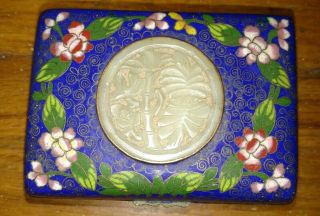 Antique Chinese 19thc Bronze Or Brass Cloisonne Box W/ Jade Carved Tree Insert