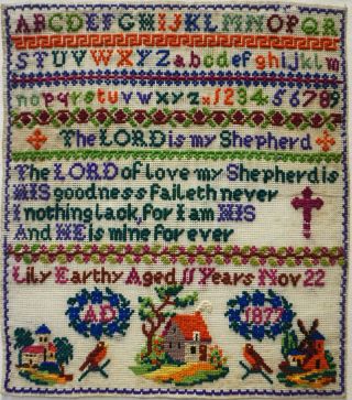 Mid/late 19th Century Motif & Verse Sampler By Lily Earthy Aged 11 - 1877