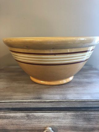 Large Antique Yellow Ware White Red Banded Mixing Batter Primitive Bowl