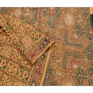 Tcw Vintage Saree 100 Pure Silk Hand Beaded Brown Craft 5 Yd Fabric Sari