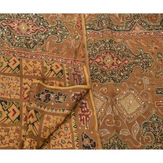 Tcw Vintage Saree 100 Pure Silk Hand Beaded Brown Craft 5 Yd Fabric Sari 3