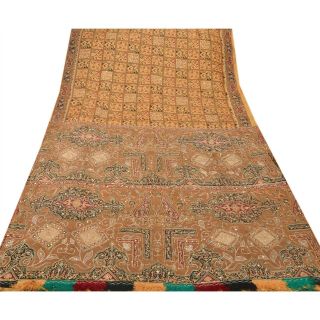 Tcw Vintage Saree 100 Pure Silk Hand Beaded Brown Craft 5 Yd Fabric Sari 4