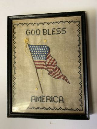 Vintage Antique God Bless America American 48 Star Flag Framed Needle Point