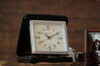 Folding Travel Alarm Clock Small Antique Vintage Clock In Brown Case