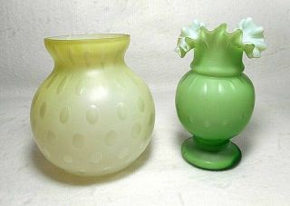 2 Different Antique Victorian Bubble Pattern Green Glass Overlay Vases - One Clear