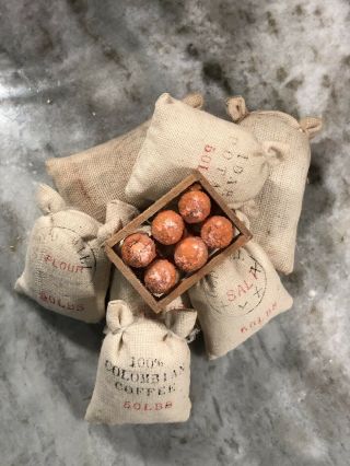 Vintage Dollhouse Miniature Flour/sugar/salt/coffee/potato Sacks & Produce Crate