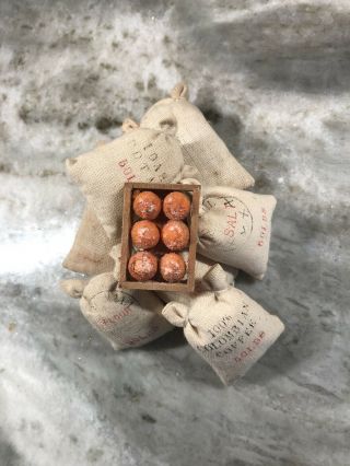 Vintage Dollhouse Miniature Flour/Sugar/Salt/Coffee/Potato Sacks & Produce Crate 3