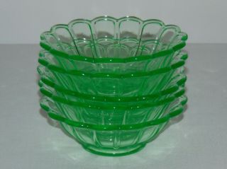 5 Vintage Antique American Art Deco Green Depression Glass Dessert Bowls