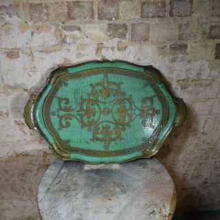 Vintage Mid Century Wooden Italian Florentine Tray Green And Gold