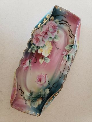 Antique Nippon Hand Painted Pink & Yellow Roses Celery Dish