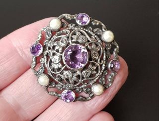 Antique Arts & Crafts Zoltan White Sterling Silver Amethyst Pearl Brooch