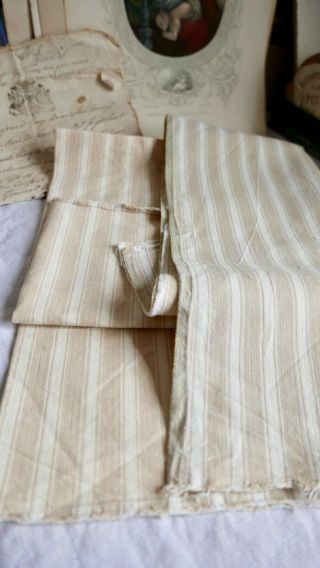 Vintage French Ticking Fabric Cotton Faded Khaki & Cream Herringbone 35 " X 28 "